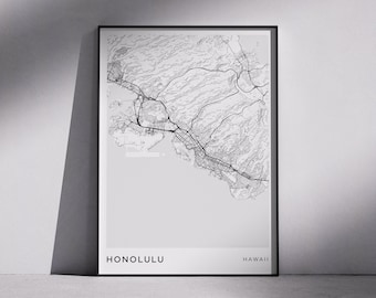 Honolulu City Map Print: Monochrome Modern Minimalist Wall Art (Digital Download)