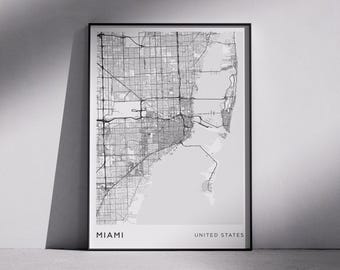 Miami City Map Print: Monochrome Modern Minimalist Wall Art (Digital Download)