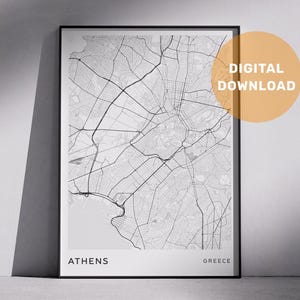 Conception de cartes de ville modernes d'Athènes, Grèce, art mural en téléchargement numérique, plans de la ville, cartes topographiques, cartes au design minimaliste