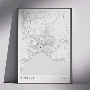 Conception de cartes de ville modernes d'ANTALYA Turquie, art mural en téléchargement numérique, plans de la ville, cartes topographiques, cartes au design minimaliste