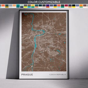 May include: A framed map print of Prague, Czech Republic, in brown and white, with a turquoise river running through the city. The text "PRAGUE" and "CZECH REPUBLIC" are displayed at the bottom. The image is color customizable.