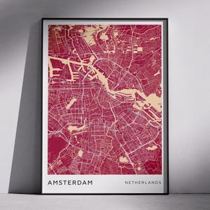 Conception de cartes de ville modernes d'AMSTERDAM Pays-Bas, art mural à téléchargement numérique, plans de la ville, cartes topographiques, cartes au design minimaliste, cadeau unique