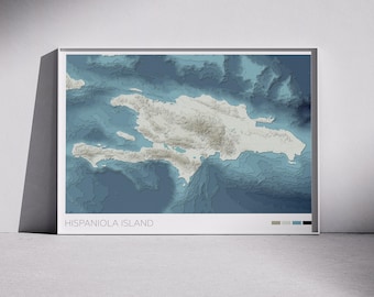 Haiti & Dominican Republic Hispaniola Island Map Print: Topographic Coastal Wall Art (Digital Download)