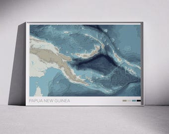 Impresión de mapa de Papúa Nueva Guinea: Arte mural topográfico costero (descarga digital)