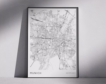 Munich City Map Print: Monochrome Modern Minimalist Wall Art (Digital Download)