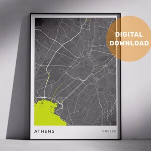Conception de cartes de ville modernes d'Athènes, Grèce, art mural en téléchargement numérique, plans de la ville, cartes topographiques, cartes au design minimaliste
