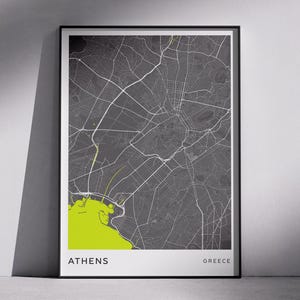 ATENAS Grecia: diseño de mapas de ciudades modernas, arte mural con descarga digital, mapas de ciudades, mapas topográficos, mapas de diseño minimalista