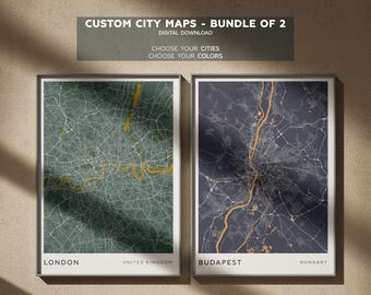 Custom City Map Set Of 2: Personalized Modern Printable Wall Art (Digital Download)