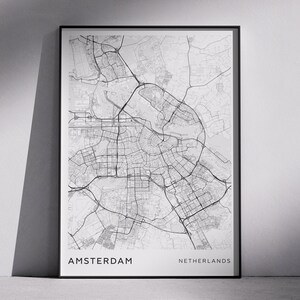 Conception de cartes de ville modernes d'AMSTERDAM Pays-Bas, art mural à téléchargement numérique, plans de la ville, cartes topographiques, cartes au design minimaliste, cadeau unique