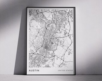 Austin City Map Print: Monochrome Modern Minimalist Wall Art (Digital Download)