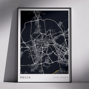 Conception de cartes de ville modernes de la MECQUE en Arabie Saoudite, art mural en téléchargement numérique, plans de la ville, cartes topographiques, cartes au design minimaliste, idée cadeau unique
