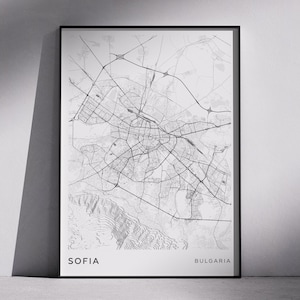 SOFIA Bulgarije modern stadsplattegrondontwerp, digitale download kunst aan de muur, stadskaarten, topografische kaarten, minimalistische designkaarten, uniek cadeau-idee