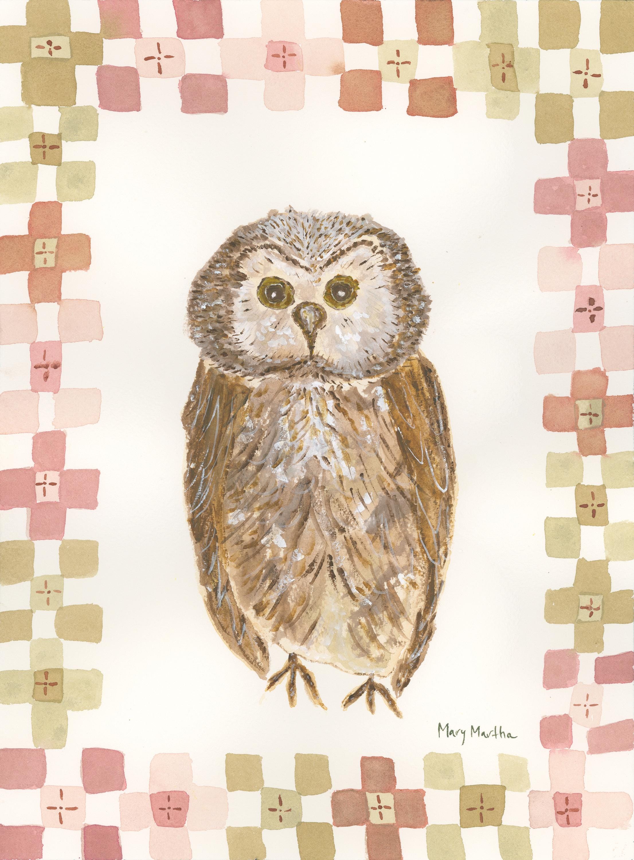Wise Little Owl- Original Watercolor and Gouache Woodland Animal Quilt-Inspired Painting, 9x12"