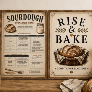 Puede incluir: Dos láminas decorativas rectangulares con fondo crema y texto marrón oscuro. La lámina izquierda es una tabla de conversión de masa madre con instrucciones. La derecha muestra el texto Rise & Bake sobre un pan en una cesta.