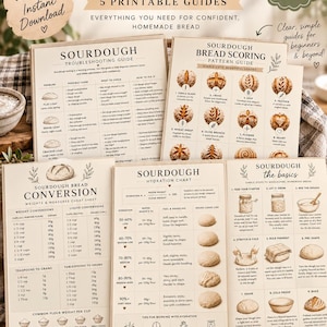 Könnte beinhalten: Ein Sauerteig-Anleitungsset mit fünf druckbaren Ratgebern für hausgemachtes Brot. Die Dokumente enthalten eine Fehlerbehebung, eine Anleitung für Brot-Muster, eine Umrechnungstabelle, eine Hydratationstabelle und eine Anleitung für Grundlagen.