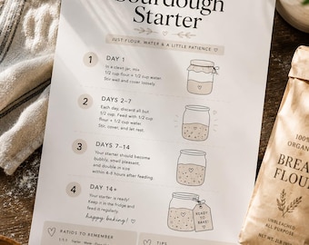 Puede incluir: Una tarjeta de instrucciones blanca titulada How to Start a Sourdough Starter con texto negro y dibujos de frascos. Describe un proceso de 14 días usando harina y agua, incluyendo proporciones para recordar y consejos de horneado en beige.