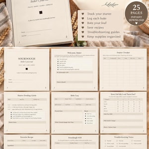 Könnte beinhalten: Ein Sauerteig-Backjournal mit 25 Seiten zum Verfolgen von Anstellgut, Protokollieren von Backvorgängen, Bewerten von Broten, Speichern von Rezepten und zur Fehlerbehebung. Das Journal hat einen cremefarbenen Einband und Innenseiten mit schwarzem Text.
