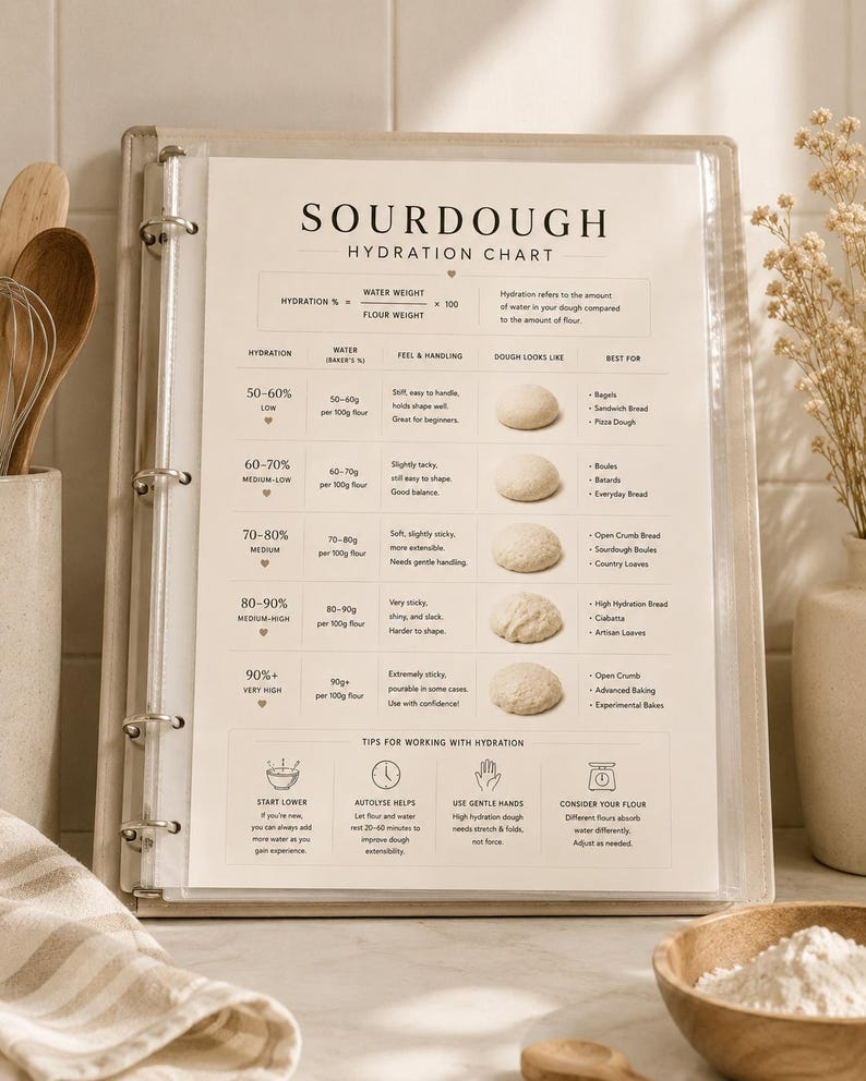 Sourdough Hydration Chart Printable | Bread Baking Reference Guide | Digital Download - Etsy