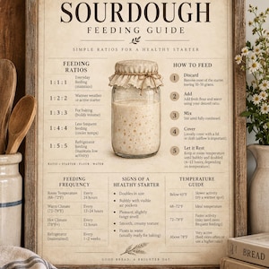 Può includere: Un poster didattico incorniciato intitolato Sourdough Feeding Guide con un'estetica vintage. Presenta un'illustrazione centrale di un barattolo di vetro con lievito madre, rapporti di alimentazione, istruzioni passo dopo passo, frequenza di alimentazione, segni di un lievito sano e una guida alla temperatura in Fahrenheit.