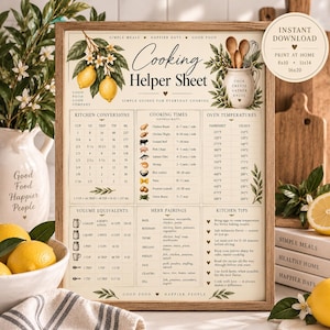 May include: A framed Cooking Helper Sheet print featuring lemon illustrations, kitchen conversion charts, cooking times, oven temperatures, volume equivalents, herb pairings, and kitchen tips. The text includes 'Cooking Helper Sheet' and 'Instant Download'.