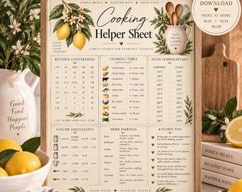May include: A framed Cooking Helper Sheet print featuring lemon illustrations, kitchen conversion charts, cooking times, oven temperatures, volume equivalents, herb pairings, and kitchen tips. The text includes 'Cooking Helper Sheet' and 'Instant Download'.