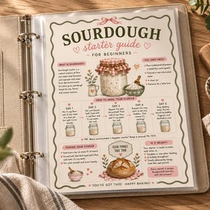 Könnte beinhalten: Eine gedruckte Anleitung für Sauerteigstarter für Anfänger in einem Ringbuch. Das Dokument enthält Illustrationen eines Glases, einer Schüssel mit Mehl und eines Brotes sowie Anweisungen zur täglichen Fütterung in englischer Sprache.