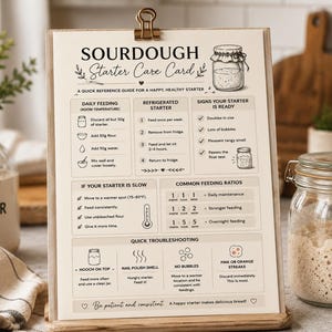 Sourdough Starter Care Card Printable | Sourdough Feeding Guide | Beginner Sourdough Starter Instructions | Bread Baking Cheat Sheet PDF