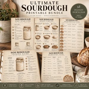 Puede incluir: Un paquete imprimible Ultimate Sourdough que incluye cinco páginas de guía con texto que incluye Sourdough Starter Care Guide, Baking Timeline, Troubleshooting Guide, Feeding Guide y Hydration Chart, impreso en papel blanco roto.