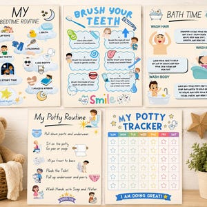May include: A set of educational posters for children, featuring routines for bedtime, brushing teeth, bath time, and potty training. The posters have colorful illustrations and text instructions. A potty tracker is also included.