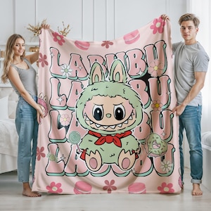 Blanket With Labubu Theme, Blue Cozy Throw for Nursery Gift, Pink Color Kids Blanket For Girls,Christmas Family Gift
