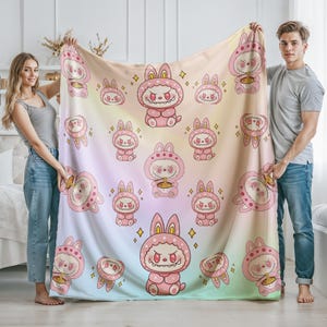 Blanket With Labubu Theme, Blue Cozy Throw for Nursery Gift, Pink Color Kids Blanket For Girls,Christmas Family Gift