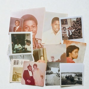 May include: A collection of vintage photographs, including portraits and snapshots. The images feature people in various settings, with a range of clothing styles. Some photos are in color, while others are black and white. The photos are arranged on a white surface.