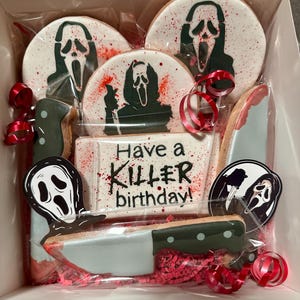 Set of 7 ‘KILLER BIRTHDAY’ themed cookies. Horror movie inspired. Baked fresh and hand decorated sugar cookies for your special occasion.