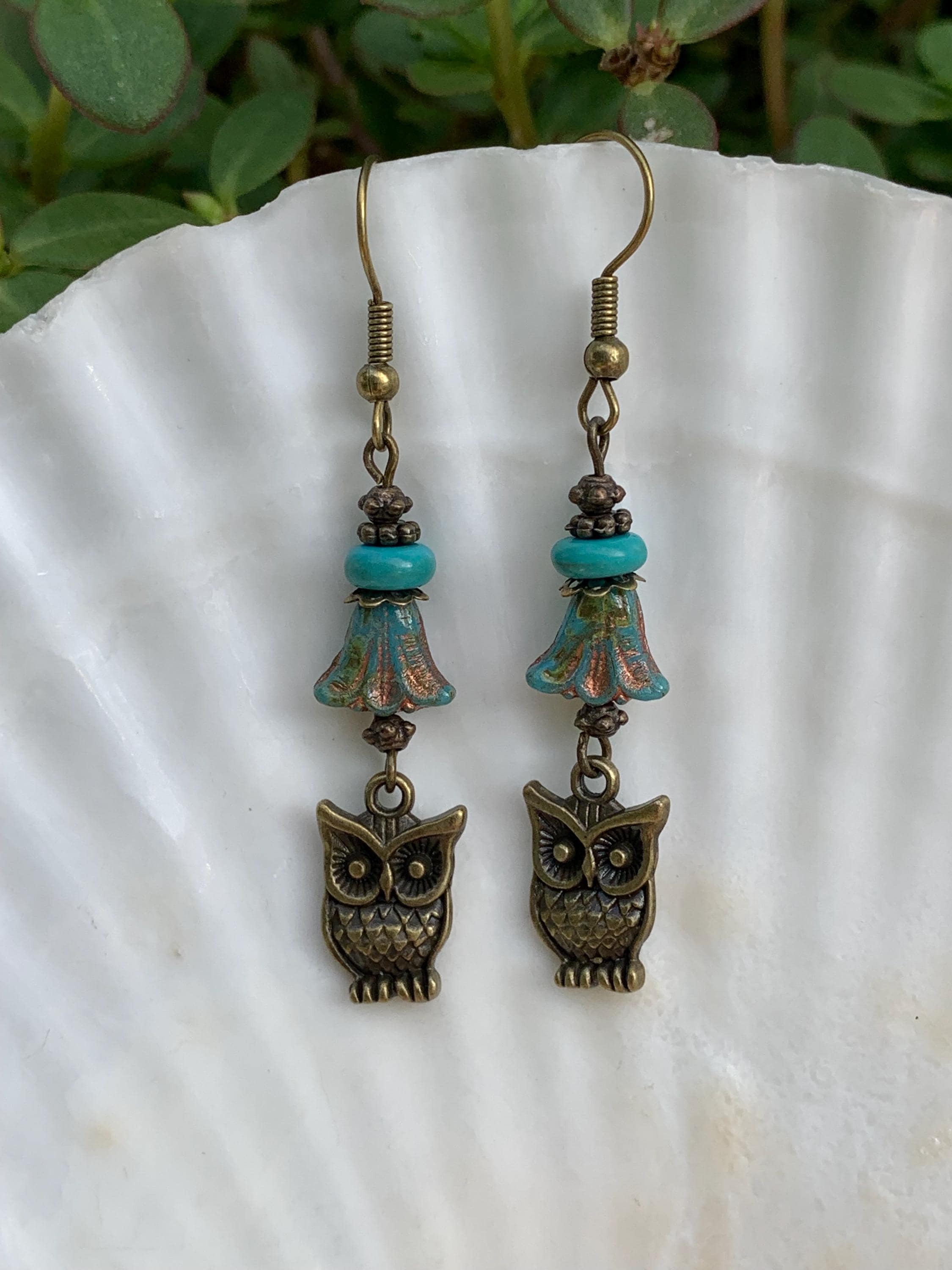 Czech Glass Owl Earrings: Turquoise Bead Dangle, Bronze Wire