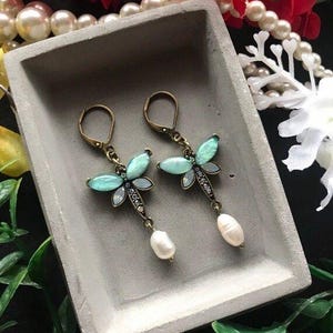 Dragonfly Earrings: Bronze, Rhinestones, Freshwater Pearls
