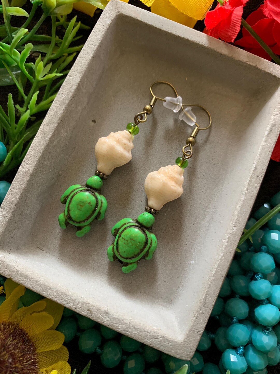 Turtle Shell Conk Czech Glass Conch Shell Sea Turtle Earrings - Etsy