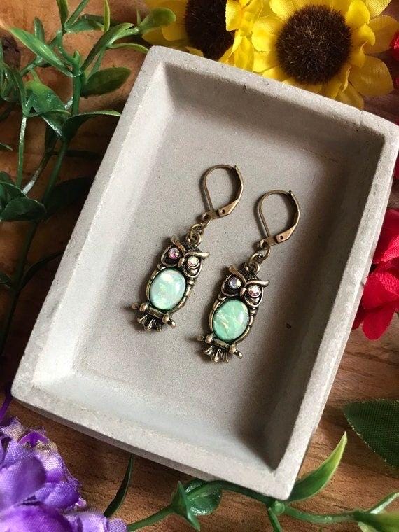 Owl Earrings: Bronze & Rhinestone Iridescent Jewelry
