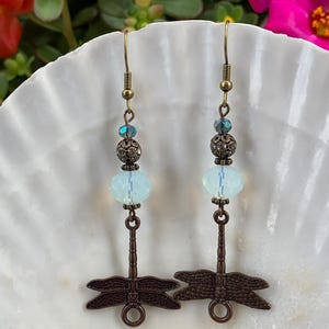 Bronze Dragonfly Earrings: Glass Crystal Beads, OOAK Jewelry