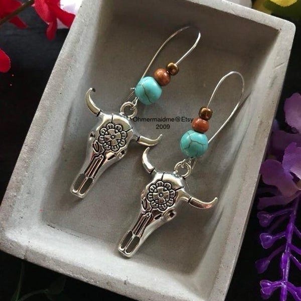 Turquoise Howlite Longhorn Earrings: Cow Skull Earrings