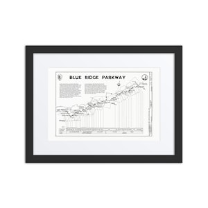 May include: Framed print of the Blue Ridge Parkway map. The map is in black and white, with the parkway route clearly marked. The print is set in a black frame with a white mat.