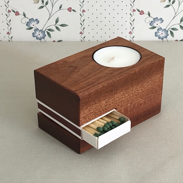 wooden tealight candle holder with match box