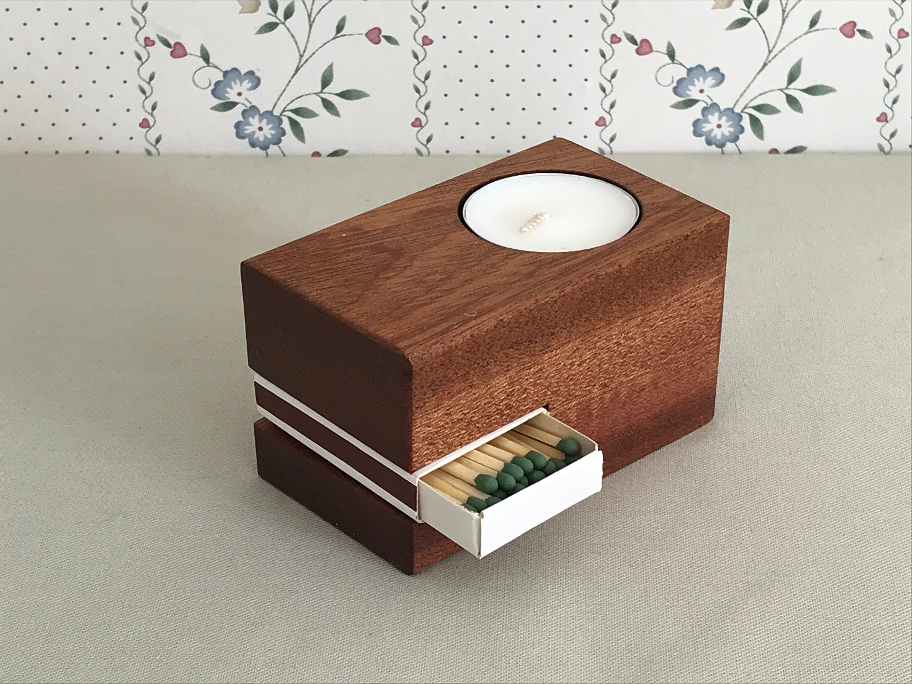 Wooden Tealight Candle Holder With Match Box Etsy Canada