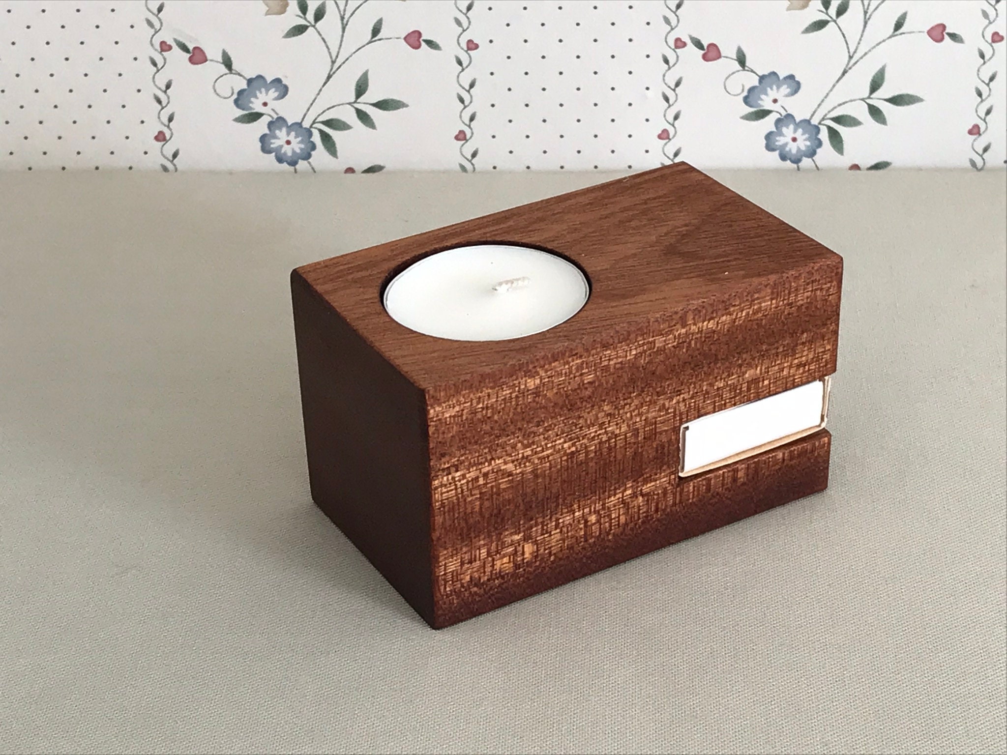 Wooden Tealight Candle Holder With Match Box Etsy Canada