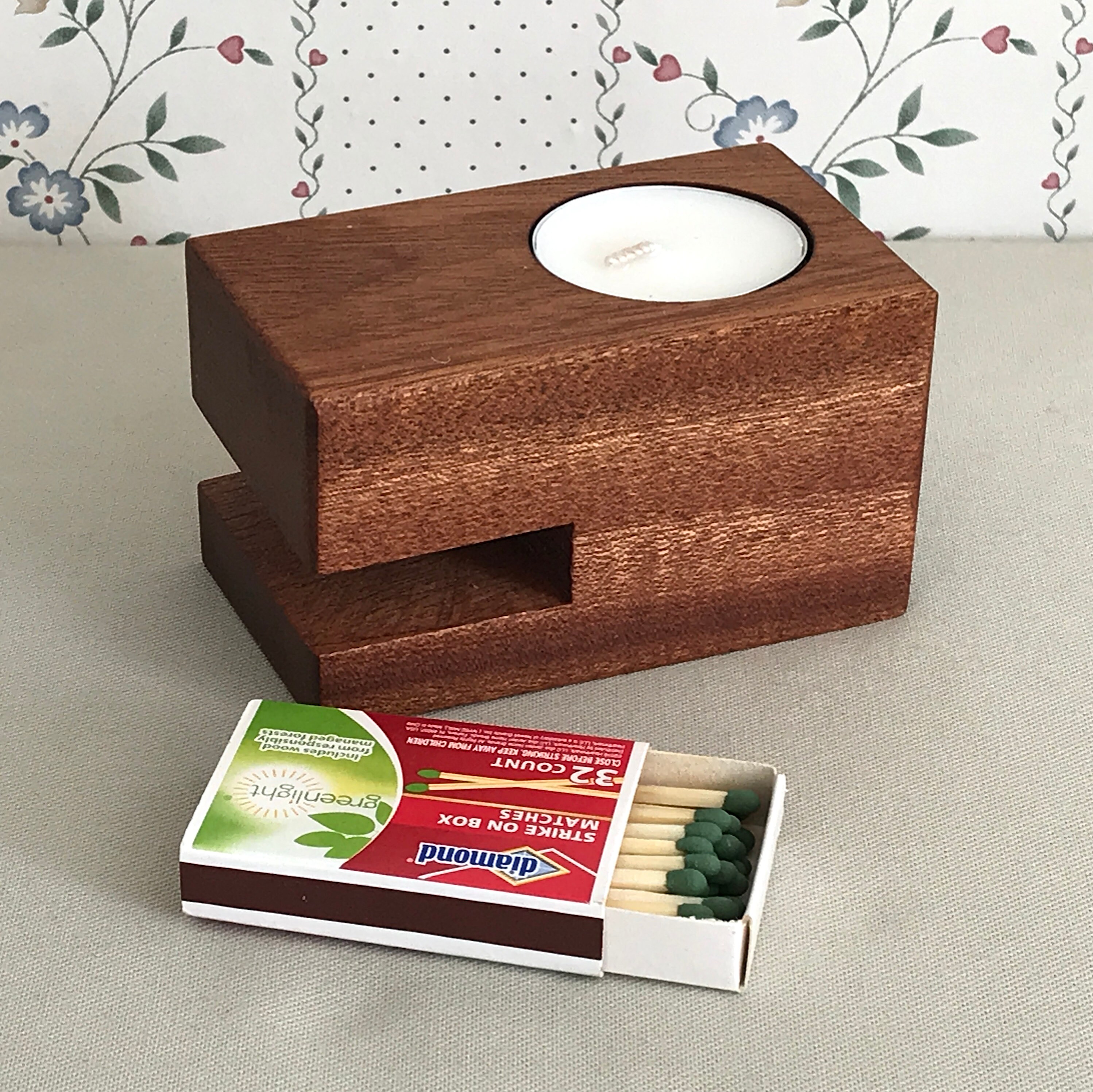 Wooden Tealight Candle Holder With Match Box Etsy Canada