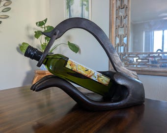 Buddha Hand Wine Bottle Holder • 13” Long Vintage Hand-Carved Wood
