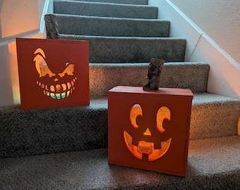 Handmade Halloween Upcycled Wood Pumpkin Jack O Lanterns • Real Wood Stem • 11 x 11