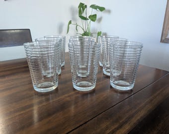 Pasabahce Doro Pattern Juice Glasses • Set of 9, 7oz Clear Ribbed Tumblers • Vintage