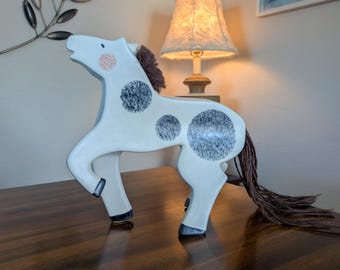Dapple Horse Prancing Figurine • White Spotted Vintage Ceramic Pottery Pony • 8"