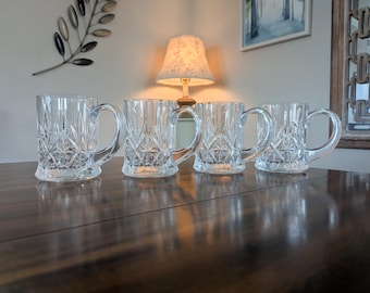 French Diamond Cut Beer Steins • Cristal d'Arques Lead Crystal Mugs • Vintage Set of 4, 8oz Cups