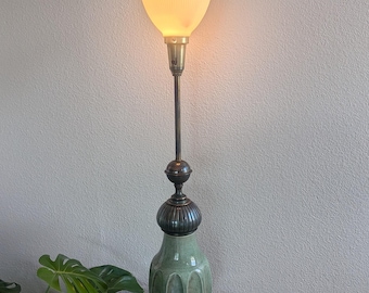 Moorish Style 3-Way Ceramic Table Lamp: Jade Crackle Urn, Brass Base, Ribbed Diffuser (39" H)